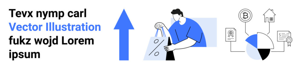 Man carrying shopping bags, large upward arrow, and financial symbols including pie chart and money. Ideal for economic growth, business development, finance, market trends, shopping, investments