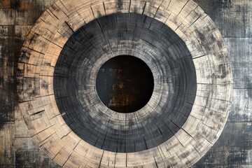 Circular wooden wall art of layered textures and contrast in colors on a dark background