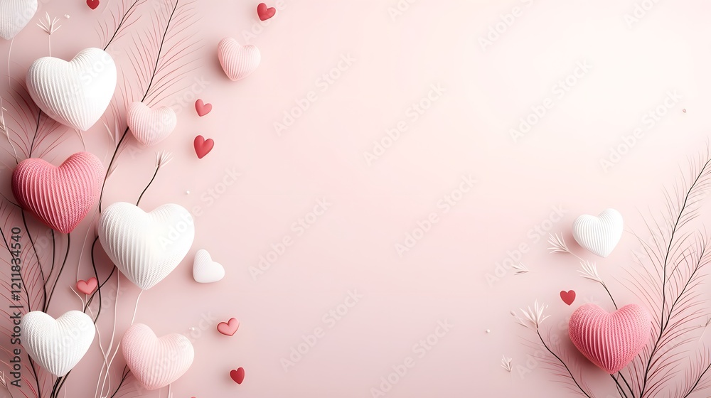 Poster Vibrant heart shaped tree with delicate branches filled with red and pink leaves set against a soft pink background with plenty of copy space for text or design elements