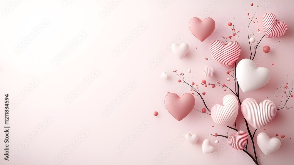 Poster Lush tree of hearts with delicate branches filled with vibrant red and pink leaves set on a soft pink background with plenty of room for text