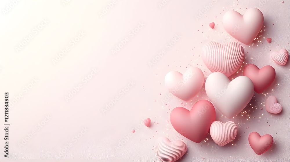 Poster dynamic and romantic background featuring scattered glowing hearts of various sizes set on a soft te