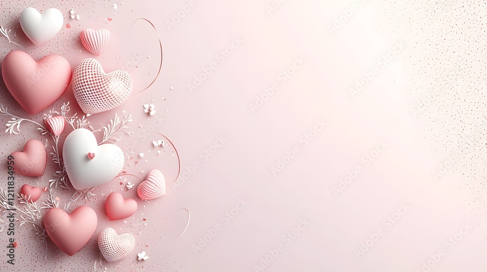 Poster romantic and dreamy floating hearts of various sizes scattered over a pastel textured gradient backg