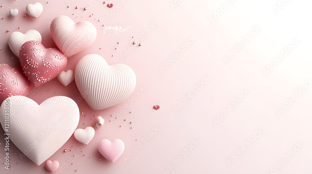 Poster elegant and romantic background featuring soft glowing hearts in pink and red tones layered on a dre