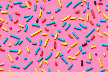 seamless of  trendy pattern of colorful sprinkles over pink background, decoration for cake and bakery , isolated on white background,  , copy space, copy space for text,
