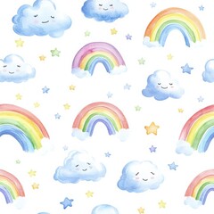 seamless of  Watercolor hand painted cute rainbow. Illustration isolated on white background. , isolated on white background,  , copy space, copy space for text,