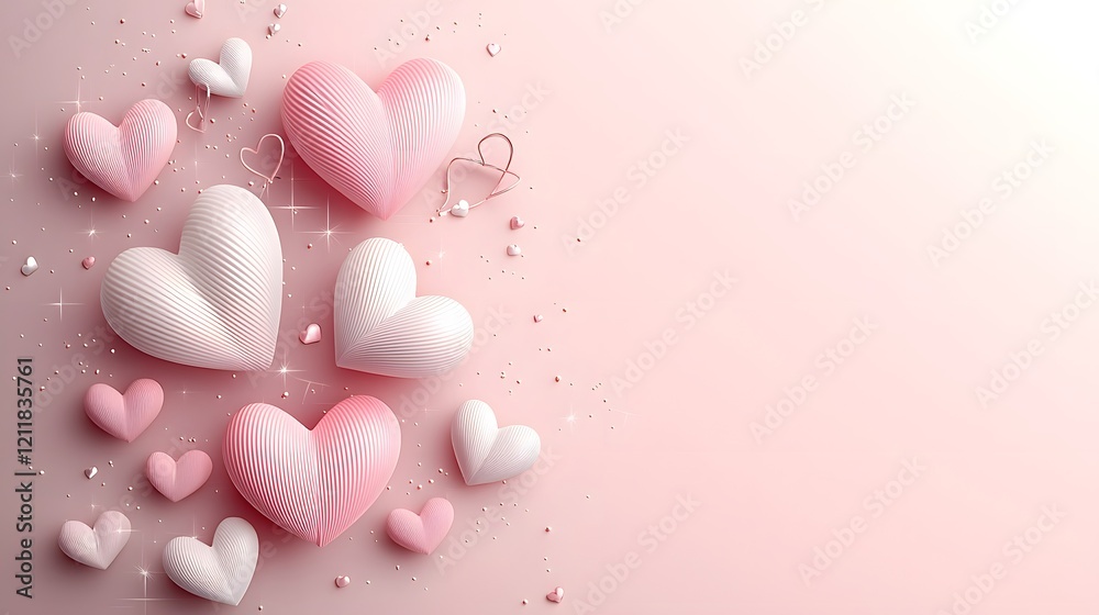 Poster overlapping hearts in vibrant shades of pink red and white arranged on a radiant and warm gradient s