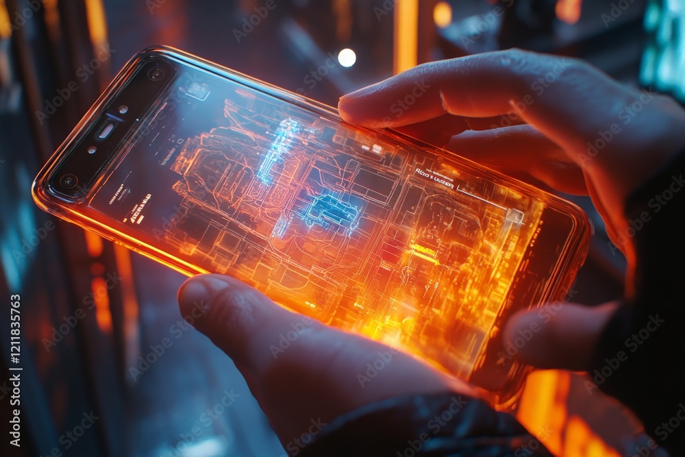 Poster futuristic smartphone displaying digital blueprints in a high-tech urban environment at night