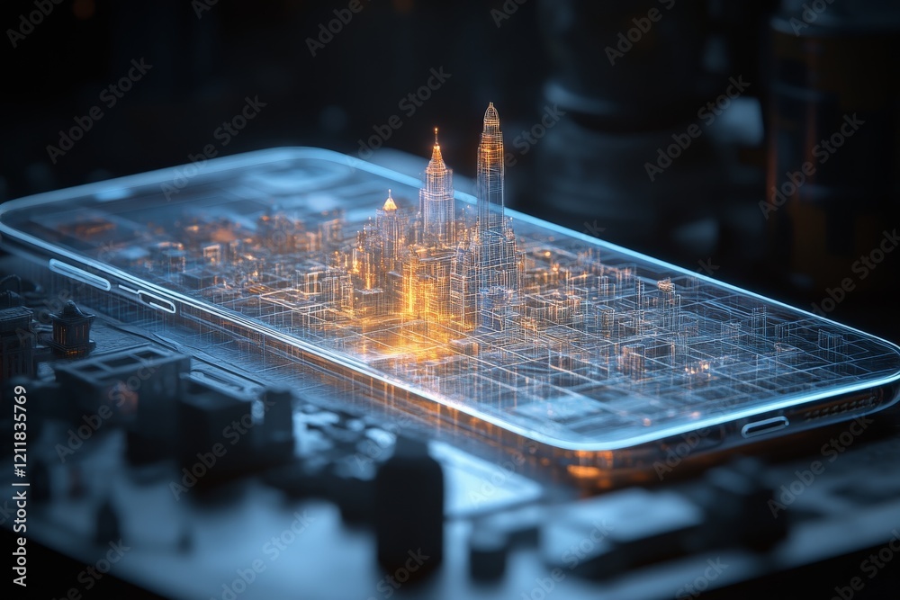 Poster digital cityscape emerging from a smartphone at night showcasing futuristic architecture and glowing