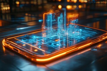 Digital representation of a futuristic cityscape on a smartphone at night showcasing vibrant technological innovation