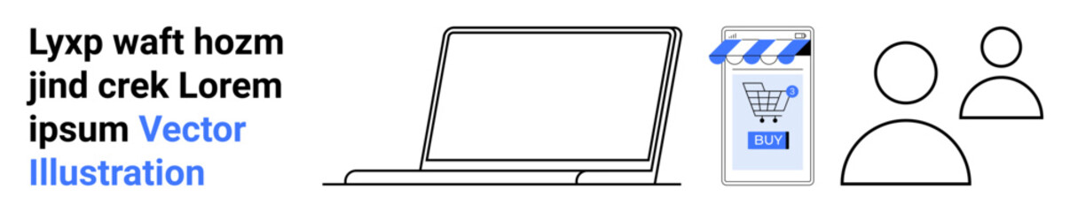 Laptop, smartphone with shopping cart app, and user icons. Ideal for e-commerce, online shopping, digital marketing, mobile apps, social media, tech services, user interface design. Landing page