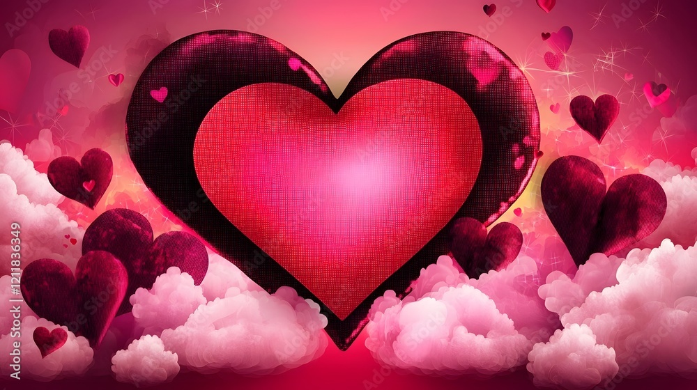 Poster Romantic heart shaped glow surrounded by soft wispy clouds set against a light dreamy pastel sky creating a whimsical and enchanting Valentine s Day background or design element