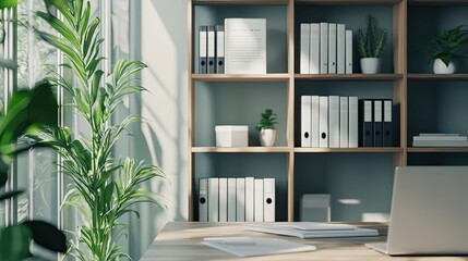 A subtle office background featuring shelves with books and plants, creating a calming workspace atmosphere