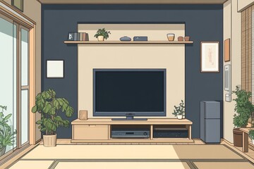 Modern minimalist living room interior with TV, plants, and wooden furniture.