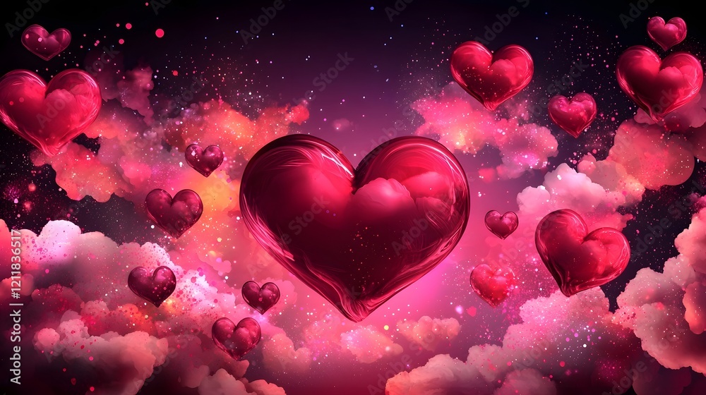 Aufkleber bright and vibrant heart shapes floating in a serene pastel sky with scattered fluffy clouds blendin