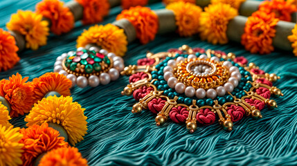 magnificent bracelet surrounded by traditional saffron flower decorations for the celebration of Raksha Bandhan, capturing the essence of cultural richness and sibling bonds