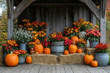 Fall harvest display with vibrant pumpkins and colorful flowers in a rustic setting during autumn