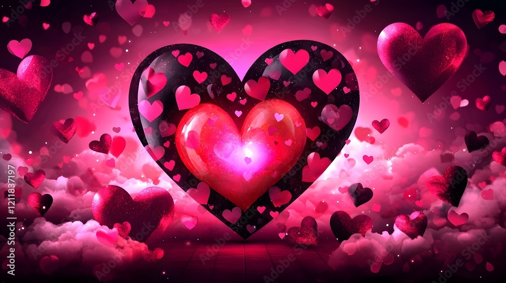 Aufkleber glowing heart icon floating amidst soft swirling clouds in a vibrant gradient of pink and blue hues 