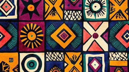 A vibrant African geometric pattern featuring traditional motifs and colors, perfect for textiles and decor