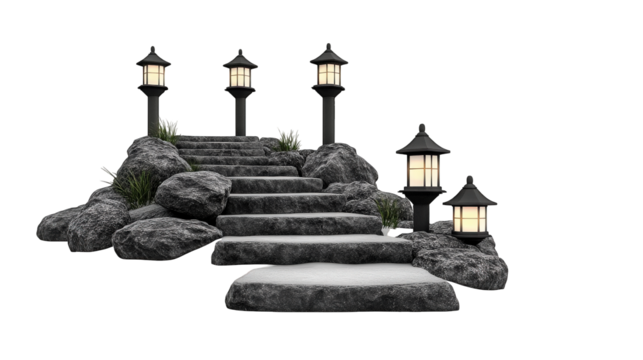 serene pathway with lanterns and stone steps, surrounded by rocks and greenery, creates tranquil atmosphere. This scene is perfect for evoking calmness and peace