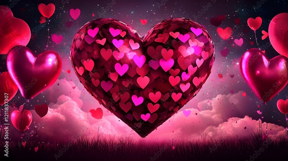 Poster Glowing heart symbol floating in a dreamy romantic cloudy sky with soft gradients of vibrant pink and blue hues creating a festive and enchanting mood  This digital has a surreal