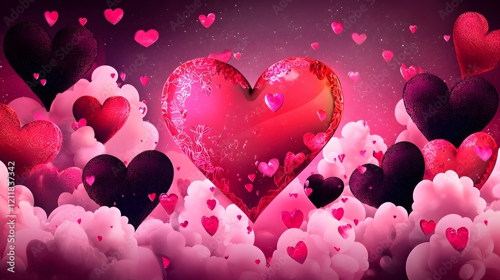 Aufkleber glowing hearts floating among soft fluffy clouds in a light pink and blue sky backdrop creating a dr