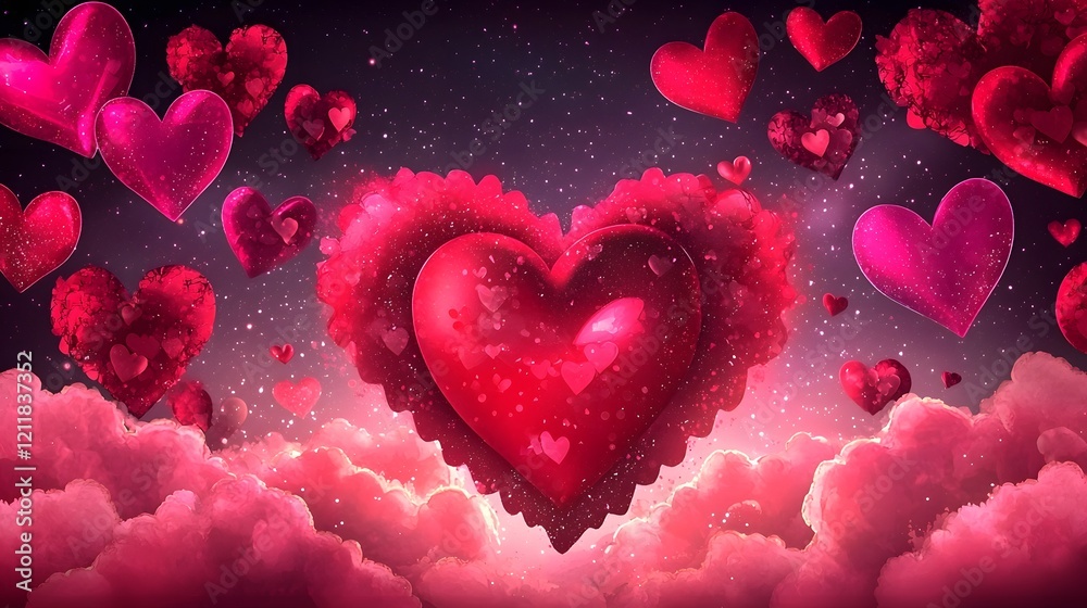 Poster romantic and ethereal glowing red heart floating among soft fluffy clouds in a light pink and blue s