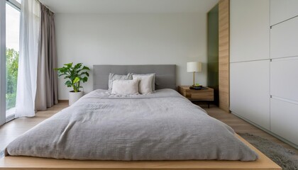Minimalist bedroom with a single bed, wooden nightstand, modern lamp, and large window with greenery outside