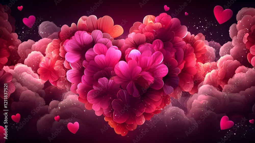 Poster ethereal heart shaped design with vibrant colors floating gracefully in a soft cloudscape surrounded