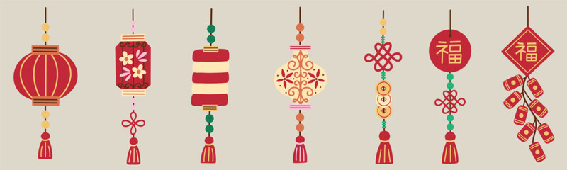 Chinese New Year traditional lanterns and lucky charms. Hand drawn vector illustrations.