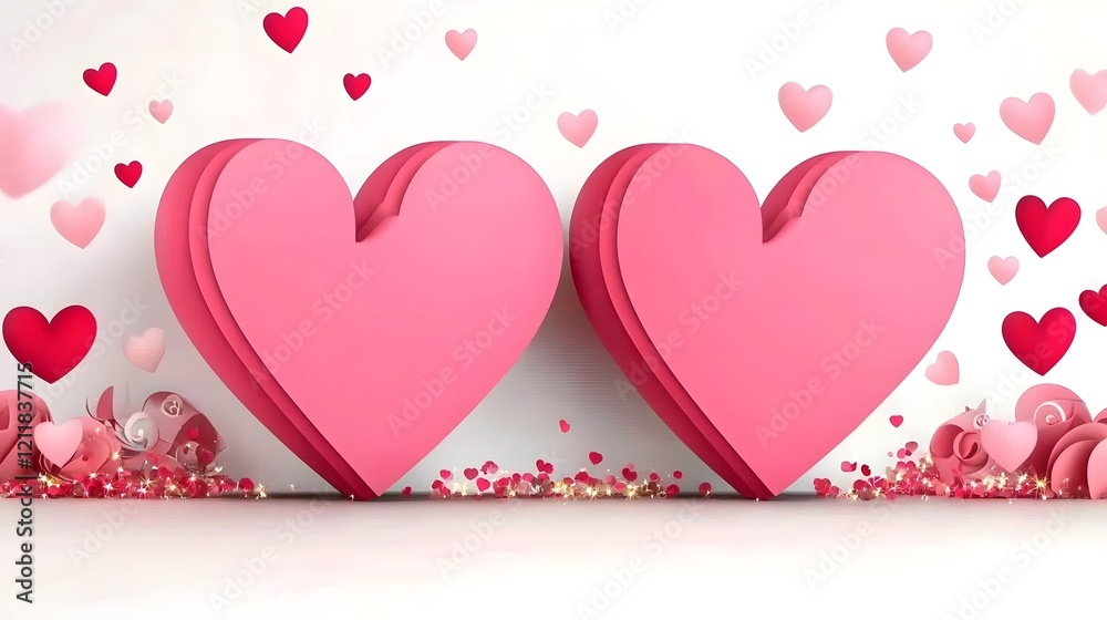 Poster cheerful valentine s day banner with pair of pink hearts placed on a table surrounded by soft bokeh 