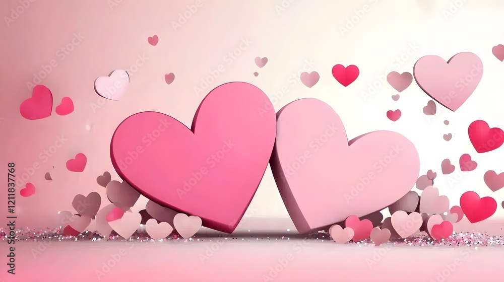 Aufkleber romantic valentine s day background with two pink hearts placed on a table surrounded by soft bokeh 