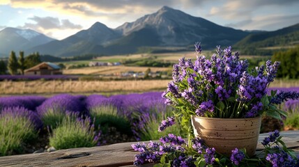 Obraz premium Exploring the Heartwarming Essence of First Love Captured in Lavandula on a Wooden Table