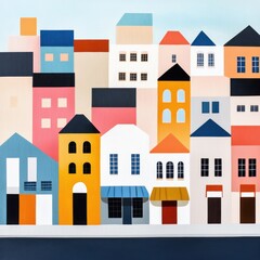 A colorful, geometric illustration of various buildings, showcasing a vibrant urban scene with unique architectural features and a playful aesthetic.