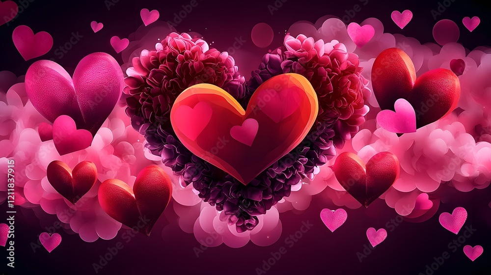 Poster Ethereal heart shaped design with vibrant colors floating gracefully in a soft cloudscape surrounded by warm pastel light creating a romantic and sentimental atmosphere