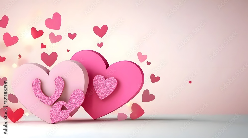Poster romantic valentine s day greeting card design featuring two plush pink hearts resting on a table ill