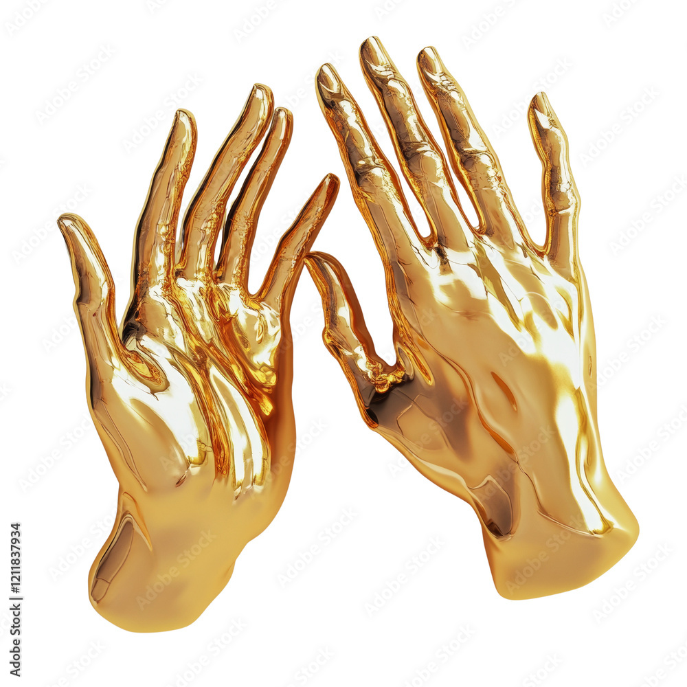 Poster A 3D rendering depicts two golden hands seemingly joined in a gesture of unity or prayer against a white background.