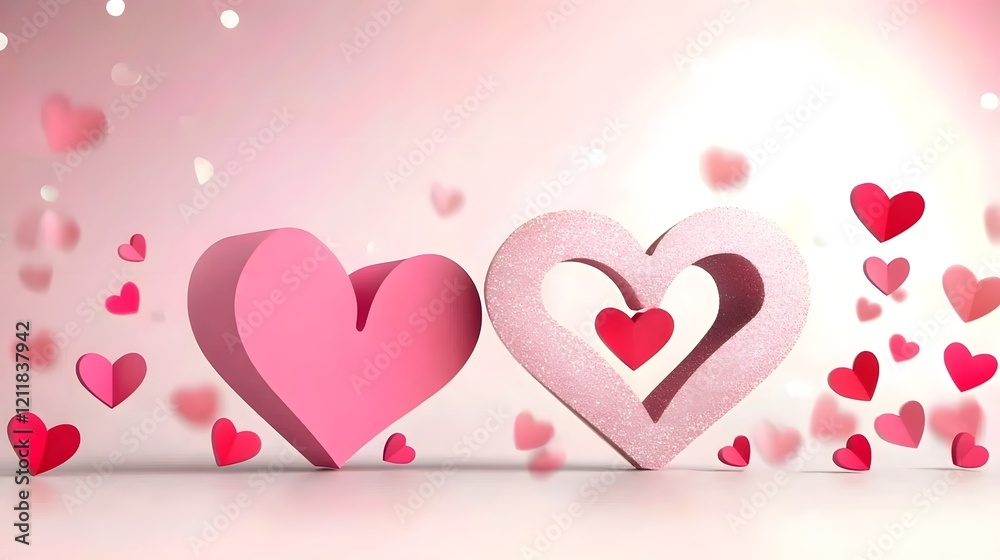 Poster glowing pink hearts floating on a smooth table surface surrounded by bokeh lights and glitter for a 