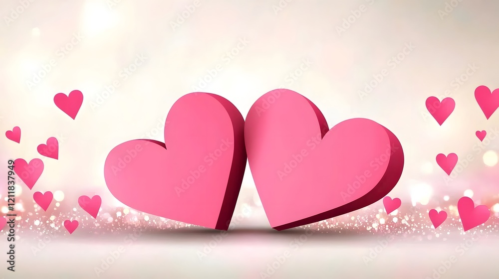 Poster romantic valentines day greeting card with two pink hearts resting on a table illuminated by warm sh
