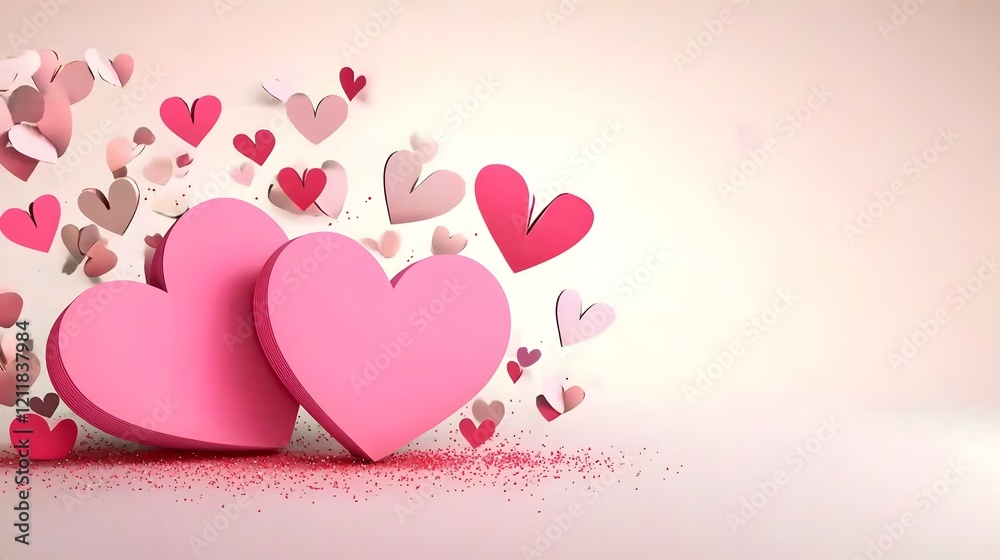 Poster romantic valentine s day greeting card design with two pink heart shapes resting on a table illumina