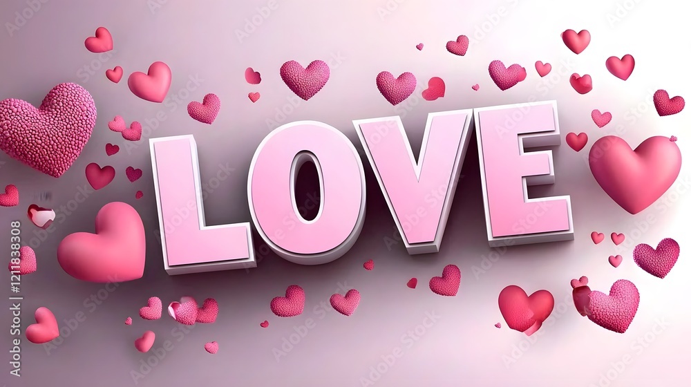 Poster Glossy 3D LOVE letters in pastel pink surrounded by floating hearts glowing softly with a smooth pink gradient background and romantic lighting creating a beautiful affectionate and elegant design