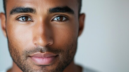 Fototapeta premium A confident mixed race man gazes directly at the viewer, showcasing his strong features and calm demeanor