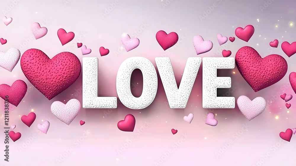 Poster Romantic 3D love letters surrounded by floating glossy hearts on a delicate pink gradient background with subtle light effects creating an enchanting and captivating visual for Valentine s Day