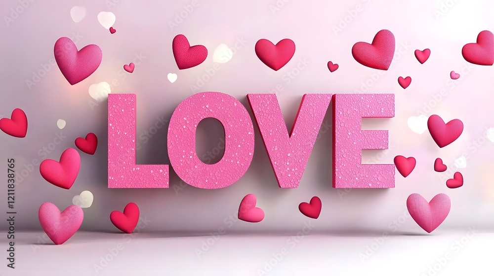 Poster romantic theme with bold 3d love letters surrounded by floating glossy hearts on a delicate pink gra