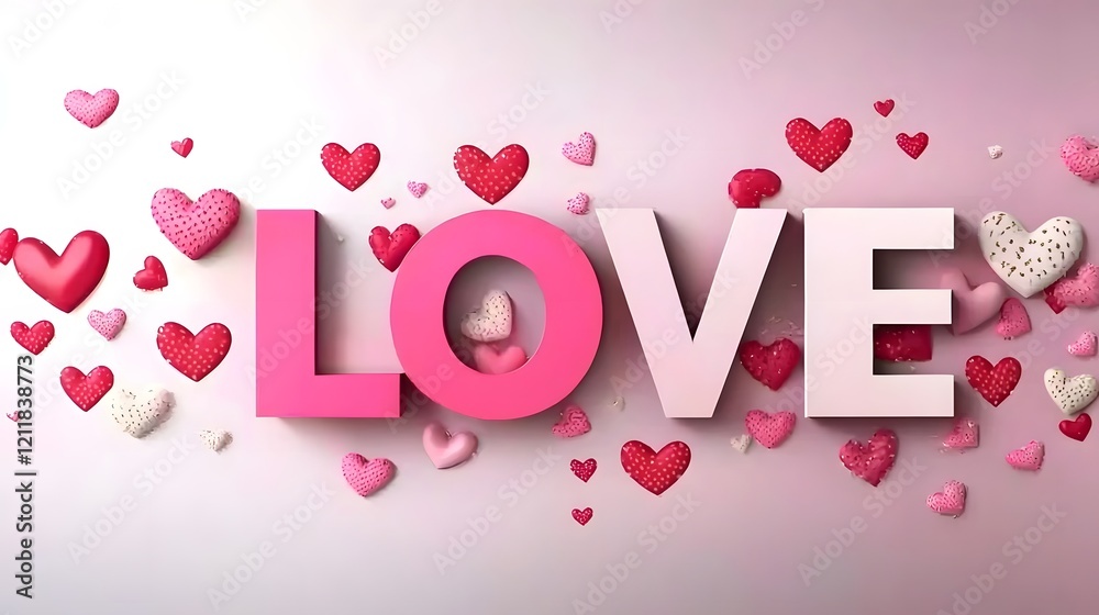 Poster stylish 3d love letters in glossy pink surrounded by romantic heart shapes on a softly blurred pink 