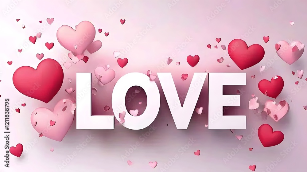 Poster Romantic background with bold 3D LOVE letters surrounded by floating glossy hearts on a delicate pink gradient backdrop with subtle light effects creating a dreamy enchanting atmosphere