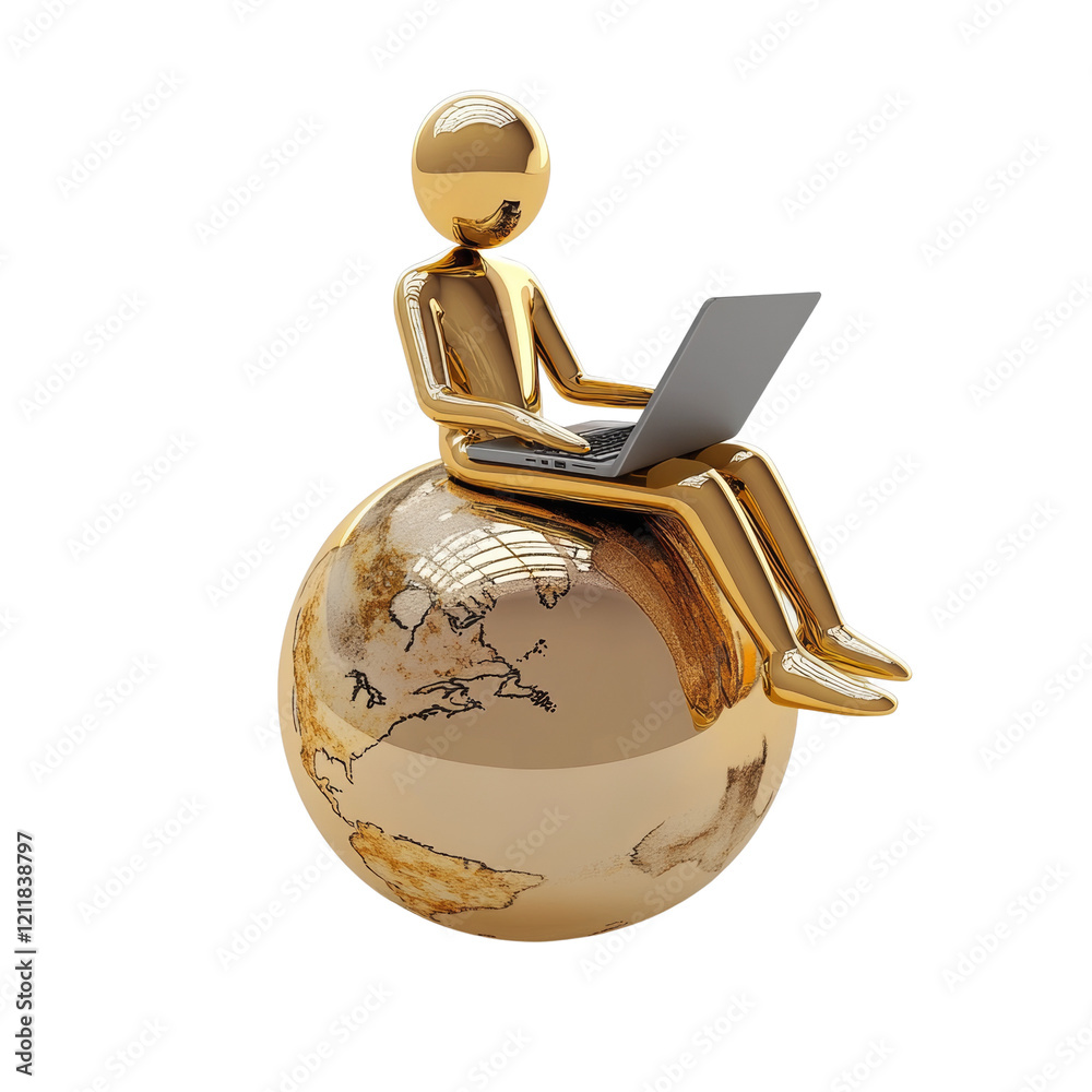 Poster a gold figurine sits on a gold globe using a laptop computer symbolizing global connectivity.