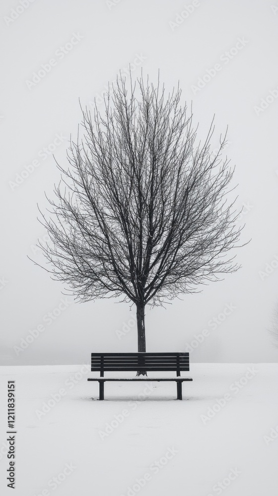 Poster a solitary park bench sits quietly beneath a leafless tree, surrounded by untouched snow. the stilln