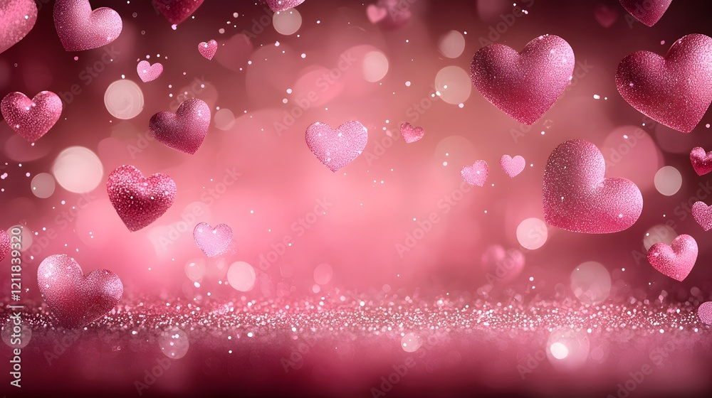 Poster Stunning Valentine s Day background featuring an array of scattered 3D hearts with a smooth and reflective texture on a soft pastel pink backdrop creating a romantic