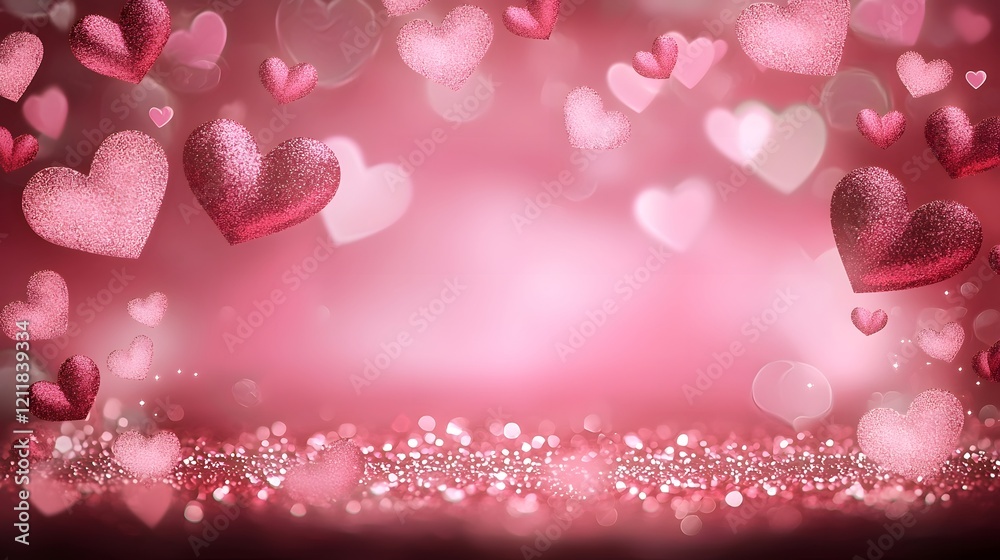 Poster beautiful valentine background featuring scattered 3d hearts with a smooth and reflective texture on