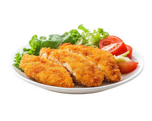 Crispy fried chicken fillets served with fresh lettuce and tomato on white plate, creating delicious and appetizing meal. Perfect for lunch or dinner